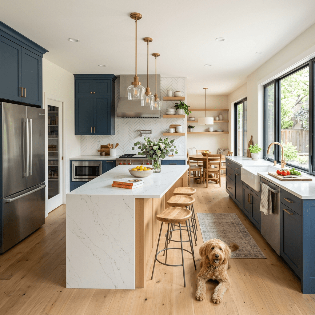 Kitchen with blue cabinets, white marble island, wooden stools, and a golden doodle dog on the floor